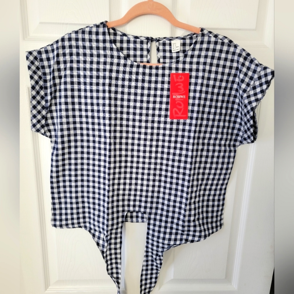 Casual Plaid Batwing Short Sleeve Knot Front Top